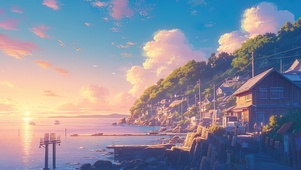 唯美治愈落日海边小镇
