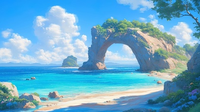 动漫风海边的天然岩石拱门