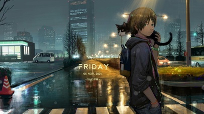 雨后街道男孩和猫