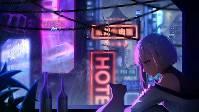 赛博朋克的雨夜窗前