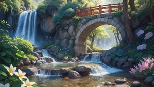 小桥边的瀑布溪流