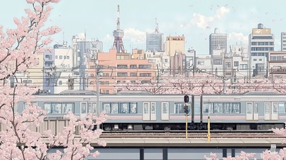 穿过樱花的列车