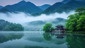 云雾青山倒影