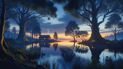 傍晚治愈湖边小屋