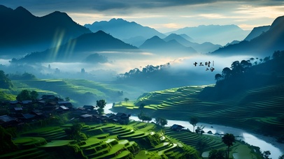 绿色国风山水小溪