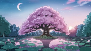 浪漫星空樱花荷塘