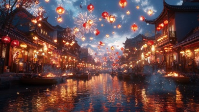 水乡夜晚的热闹新年氛围