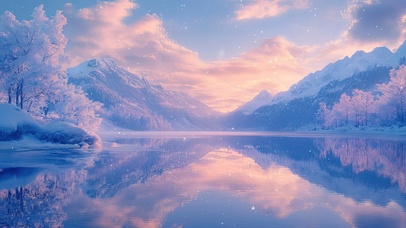 粉白唯美冰川山水倒影