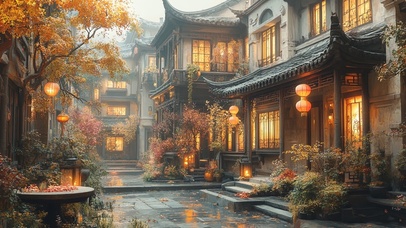 秋雨下的唯美庭院建筑