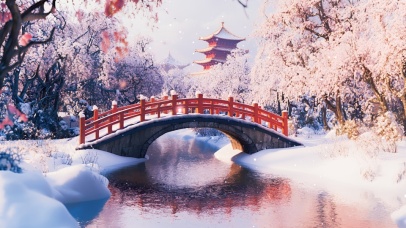 雪中小桥梅花林