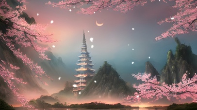 夜晚湖边桃花与塔