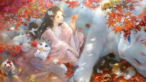 4k 治愈古风枫叶少女与猫