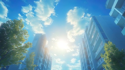 仰望城市夏日蓝天白云