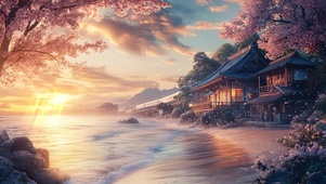 樱花烂漫的海边黄昏