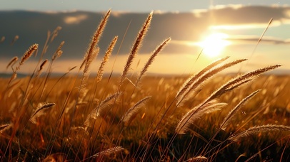 秋天落日晚霞大自然风景草原茅草