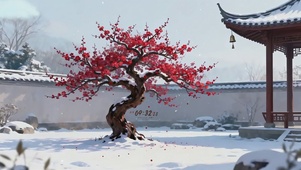 冬日下雪梅花庭院