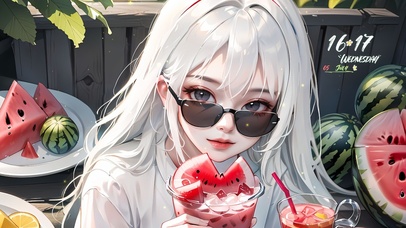 夏日西瓜凉饮眼镜少女