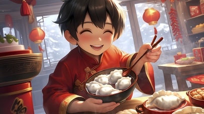 新年幸福吉祥团圆男孩吃饺子02