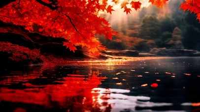 红枫染尽人间色，金辉洒落秋水间