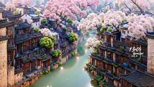 4k古镇樱花