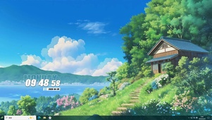 护眼白云树木河流桌面主题