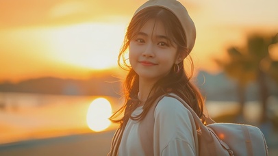 夕阳下清纯爱笑美女