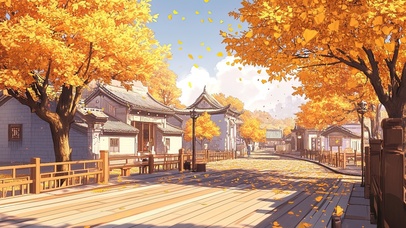 秋叶飘落的古镇午后