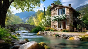 山间溪边石屋