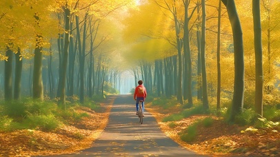 秋天树林里骑车的人