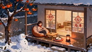 在家过新年的女孩与猫咪