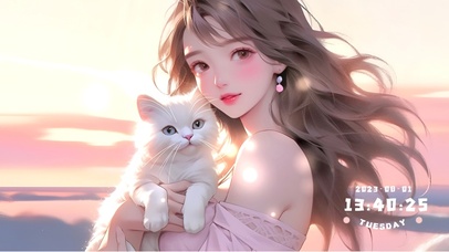夕阳下抱猫的少女