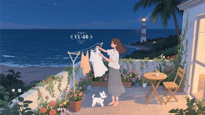 夜晚海边少女