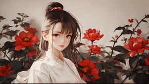 古风少女，红花，秋天