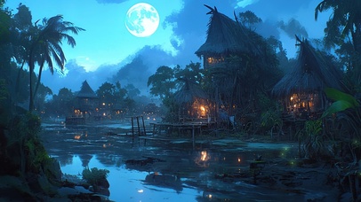 月下静谧海边渔村