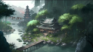唯美绿色古寺森林
