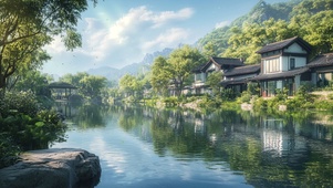 夏日蓝天湖畔古镇风景