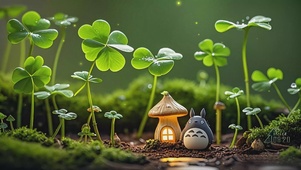 四叶草丛中的小屋和龙猫