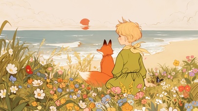 日落插画治愈晚霞风景小王子插画