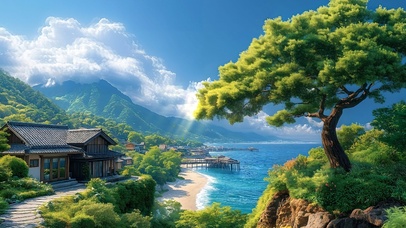 护眼海边小镇树木