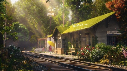 4k 治愈唯美森林铁路小屋