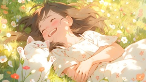 草地上的女孩与猫咪