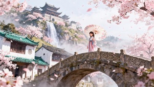 樱花树下撑伞姑娘