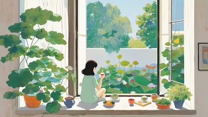 夏日窗边喝茶赏景