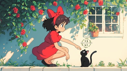 春天蔷薇花女孩猫咪