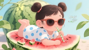 夏日吃瓜女孩