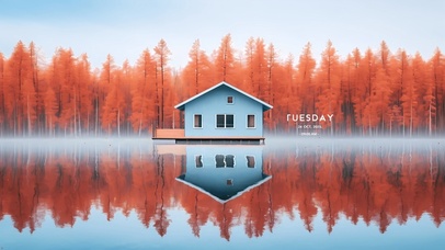 4K秋天森林湖泊小屋