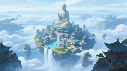 空中仙岛上的佛像