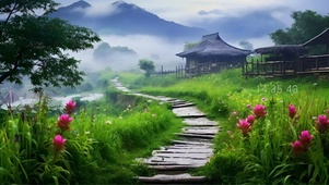 雨天小路鲜花