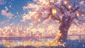 唯美治愈湖畔樱花树