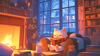 温暖壁炉边看书猫咪